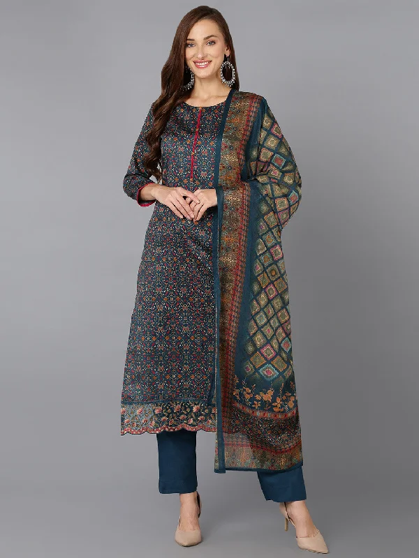 Women's Teal Cotton Straight Kurta Pant With Dupatta - Ahika Stylish Casual Pants