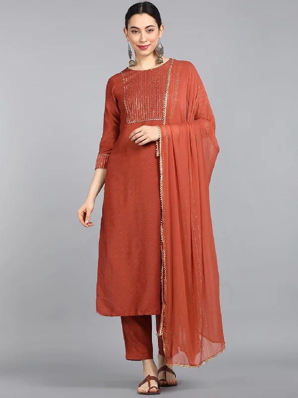 Women's Rust Embroidered Panelled Gotta Patti Pure Cotton Kurti With Pants With Dupatta - Ahika Trendy Work Pants