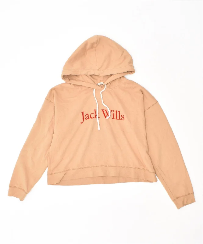 JACK WILLS Womens Crop Hoodie Jumper UK 14 Large Beige Cotton Hoodie with Snap Buttons Easy Quick