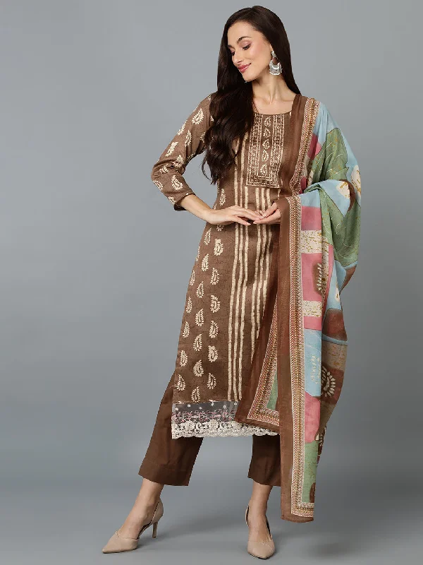 Women's Silk Blend Mocha Brown Printed Straight Kurta Pant With Dupatta - Ahika Stylish Slim Trousers
