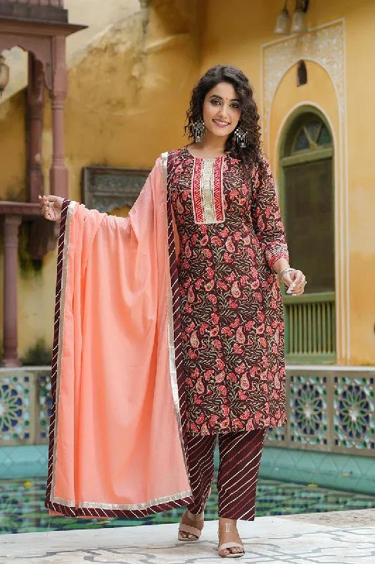 Women's Cotton Printed Kurta Pant Dupatta Set - Ahika Trendy Tapered Pants