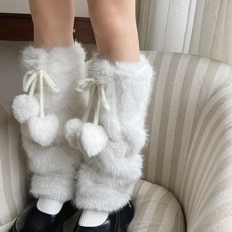 Sohiwoo Otter Rabbit Fur Bow Tie Leg Warmers White Ball Winter Warm Thickened Plush Leggings Socks Cold Protective Y2k Boots Cover Socks Chic Floral Print Leggings