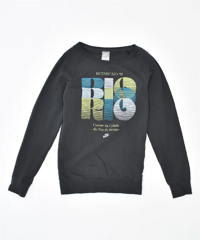 NIKE Womens Graphic Sweatshirt Jumper UK 6 XS Navy Blue Cotton Hoodie with Typography Text Message