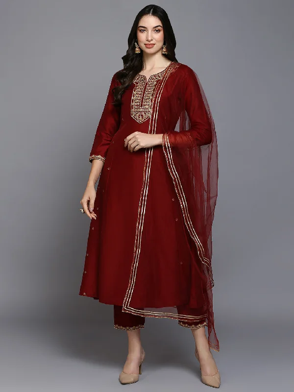 Women's Silk Blend Maroon Embroidered Flared Kurta Pant With Dupatta - Ahika Classic Bootcut Trousers