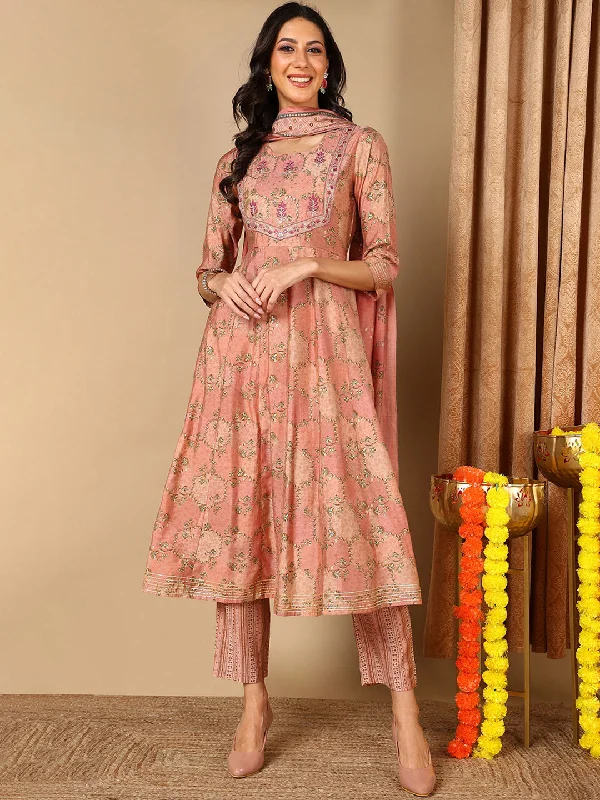 Women's Peach Pure Cotton Floral Printed Yoke Design Kurta Pant With Dupatta  - Ahika Stylish Slim Trousers
