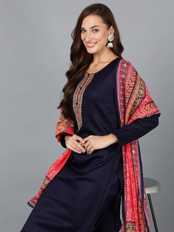 Women's Navy Blue Cotton Blend Straight Kurta Pant With Dupatta - Ahika High-Waist Trousers