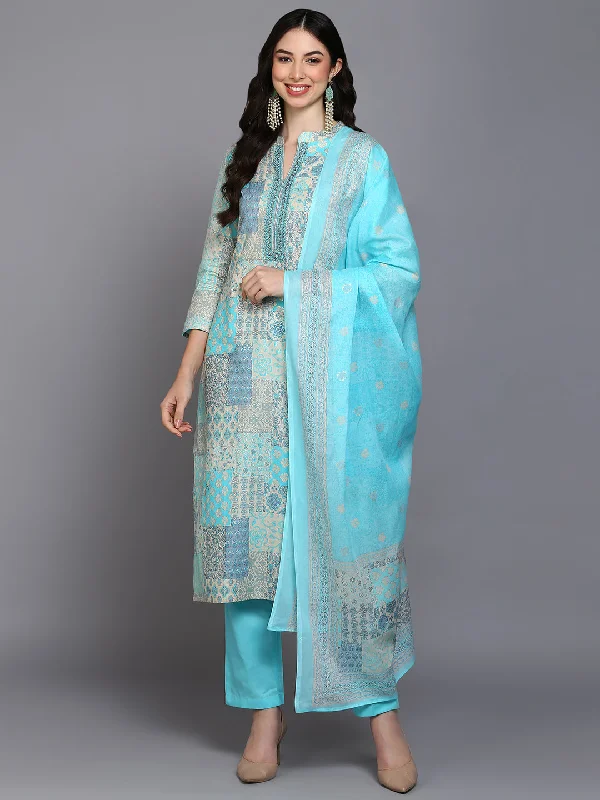 Women's Cotton Blue Printed Straight Kurta Pant With Dupatta - Ahika Casual Plaid Pants