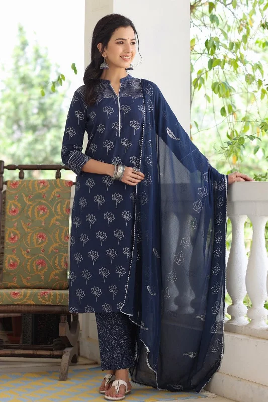 Women's Cotton Printed Kurta Pant Dupatta Set - Ahika Slim Fit Casual Pants