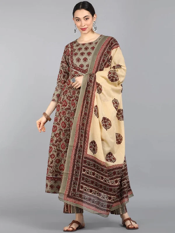 Women's Cotton Printed Kurta Pant Dupatta Set - Ahika Cozy Full-Length Pants
