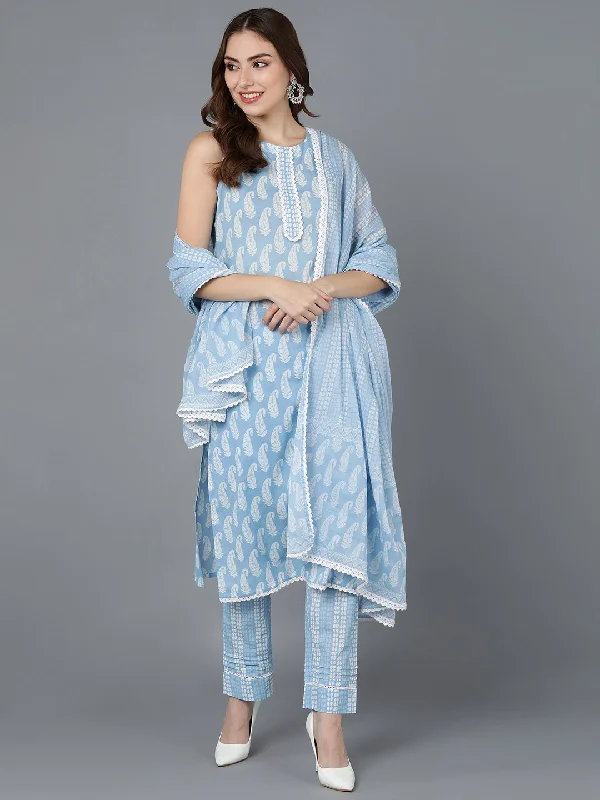 Women's Cotton Printed Kurta Pants With Dupatta - Ahika Slim-Fit Leggings