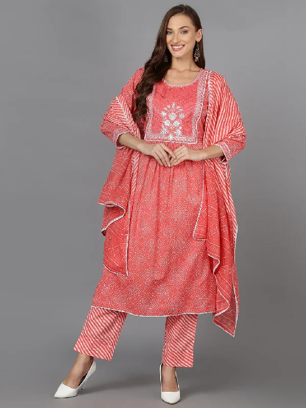 Women's Cotton Pink Printed Straight Kurta Pant With Dupatta - Ahika Soft Cotton Pants