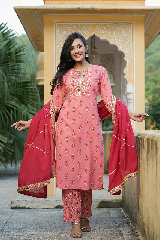 Women's Cotton Printed Kurta Pant Dupatta Set - Ahika Comfortable Jogging Pants