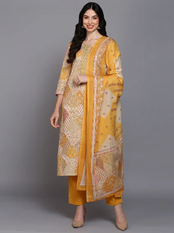 Women's Cotton Mustard Printed Straight Kurta Pant With Dupatta - Ahika Soft Stretch Pants