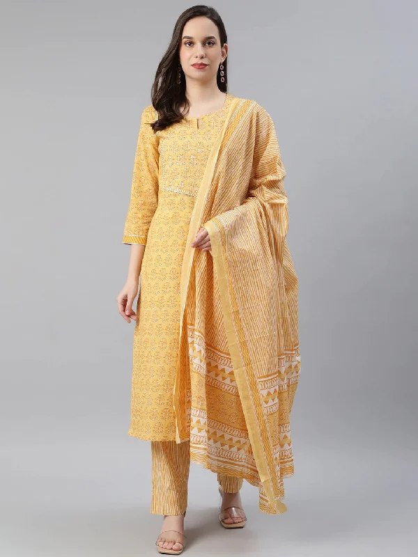 Women's Cotton Printed Kurta Pant Dupatta Set - Ahika Chic Slim Fit Pants