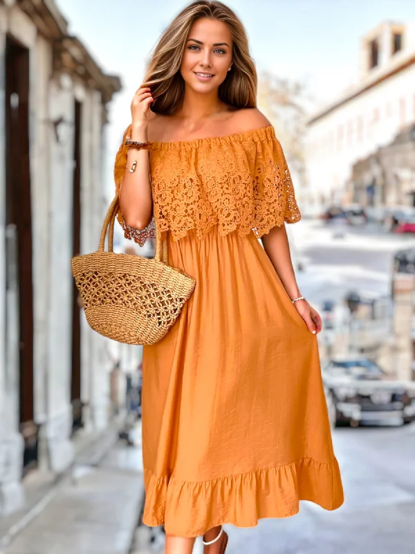 Off-Shoulder Lace Trim Dress Elegant Long Evening