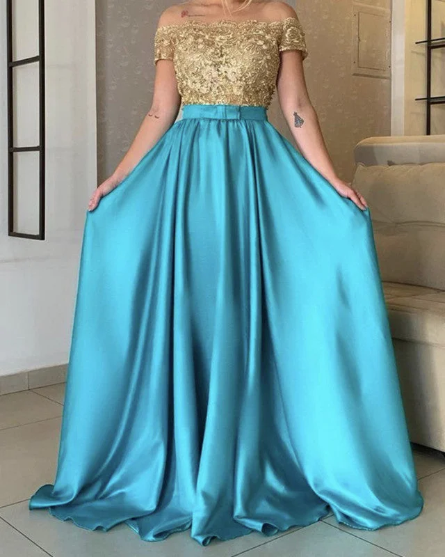 A-line /Princess Prom Dresses Long With Gold Lace Elegant Long Evening