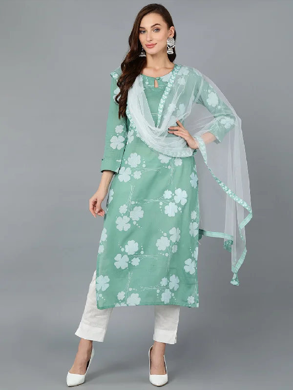 Women's Cotton Blend Floral Printed Kurta Pant With Dupatta - Ahika Modern Bootcut Pants