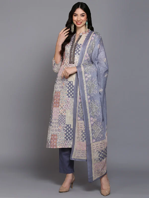 Women's Cotton Light Lavender Printed Straight Kurta Pant With Dupatta - Ahika Classic Cropped Pants