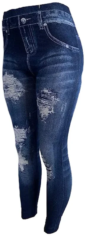 CLOYA Women's Denim Print Seamless Full Leggings for All Seasons - One Size Fits Large & X-Large Trendy Side-Pocket Leggings