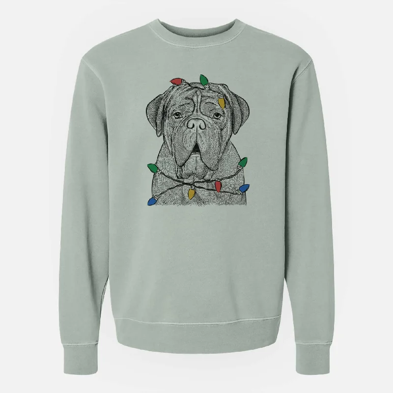 Christmas Lights Optimus the Dogue de Bordeaux - Unisex Pigment Dyed Crew Sweatshirt Hoodie with Neon Bright Vibrant