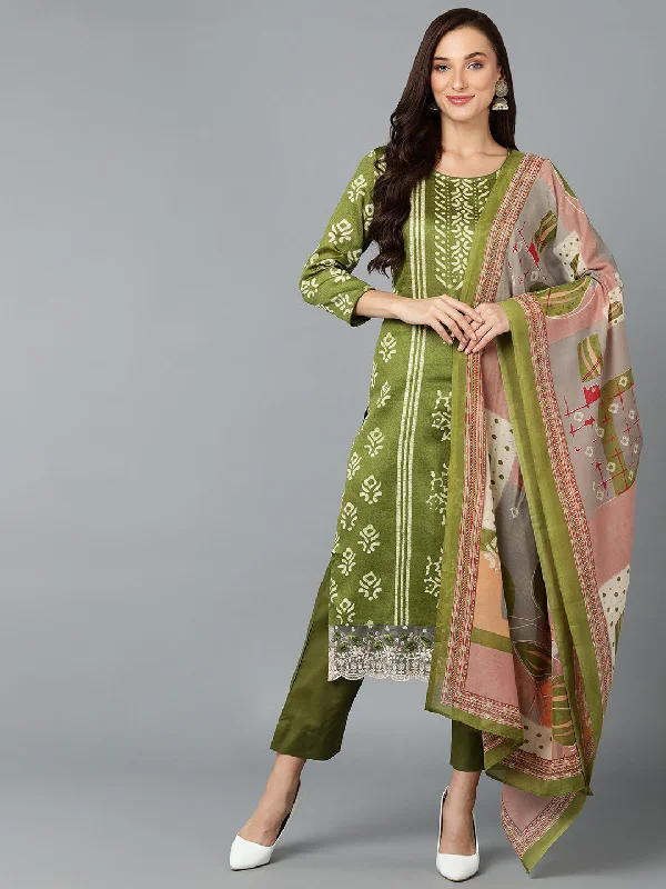 Women's Silk Blend Fern Green Straight Kurta Pant With Dupatta - Ahika Soft Stretch Trousers
