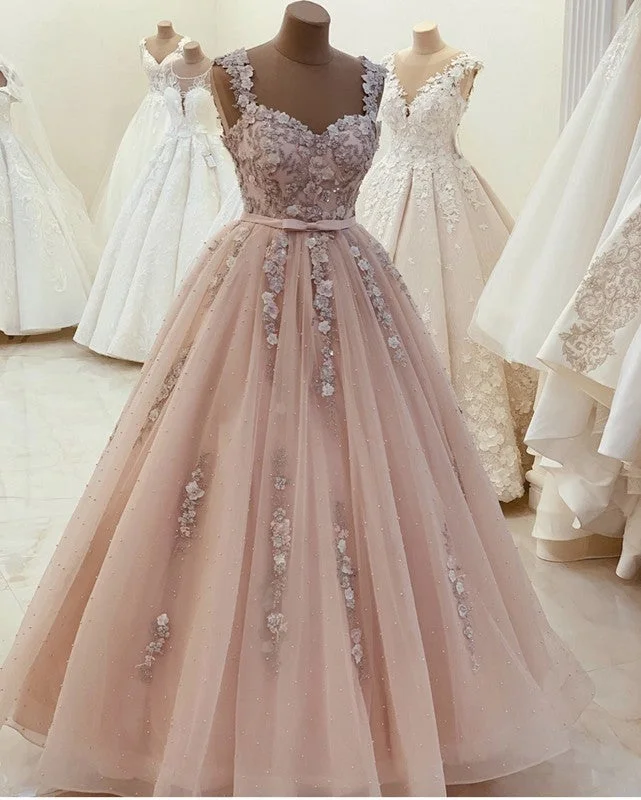 Sweetheart Ball Gown Prom Dresses 3D Lace Flowers Straps Halter Neckline Beach