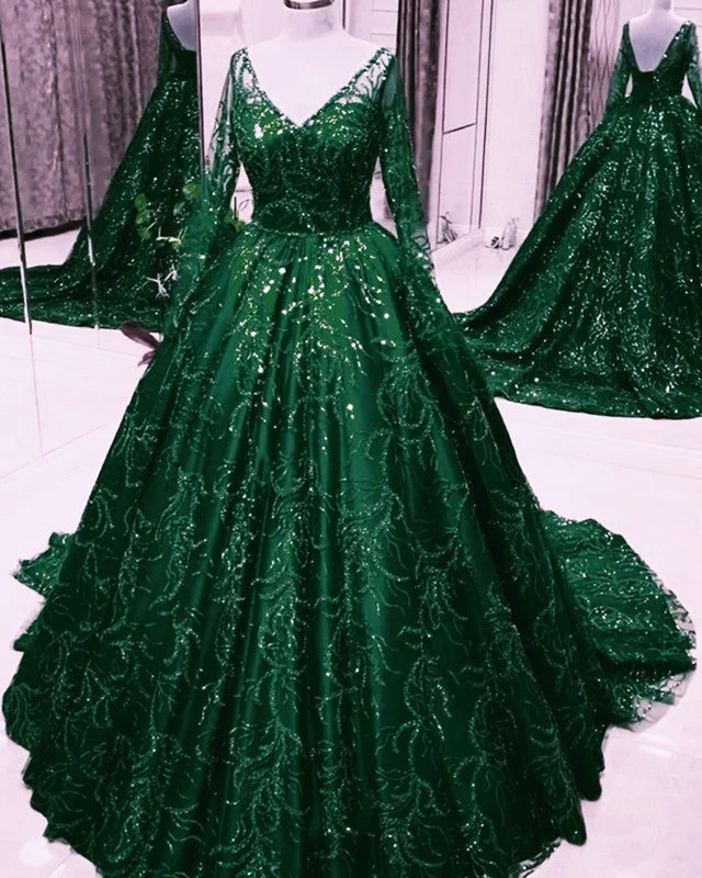 Long Sleeves Sequin Ball Gown Dresses V Neck Crew Neckline Sporty