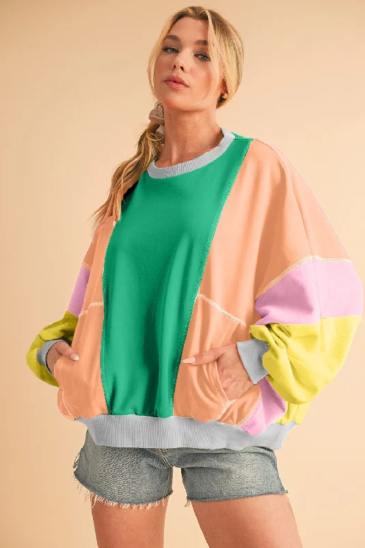 Retro Color Block Sweatshirt - Green and Coral Hoodie with Hem Embroidery Detailed Premium