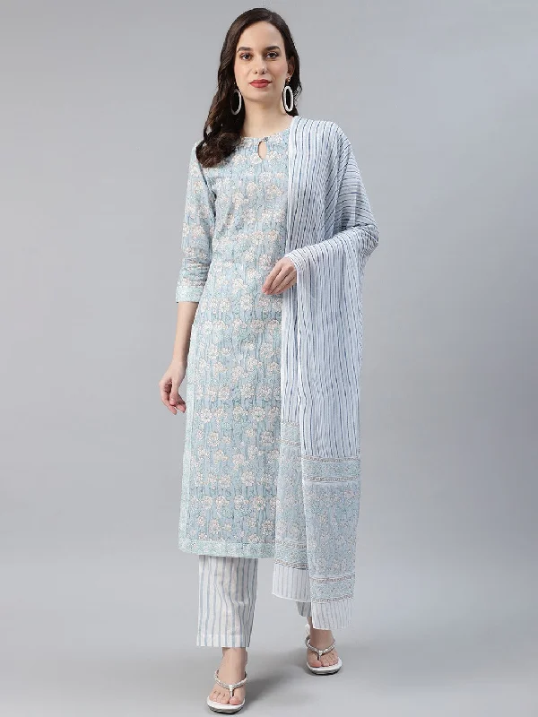 Women's Cotton Printed Kurta Pant Dupatta Set - Ahika Comfortable Pleated Pants