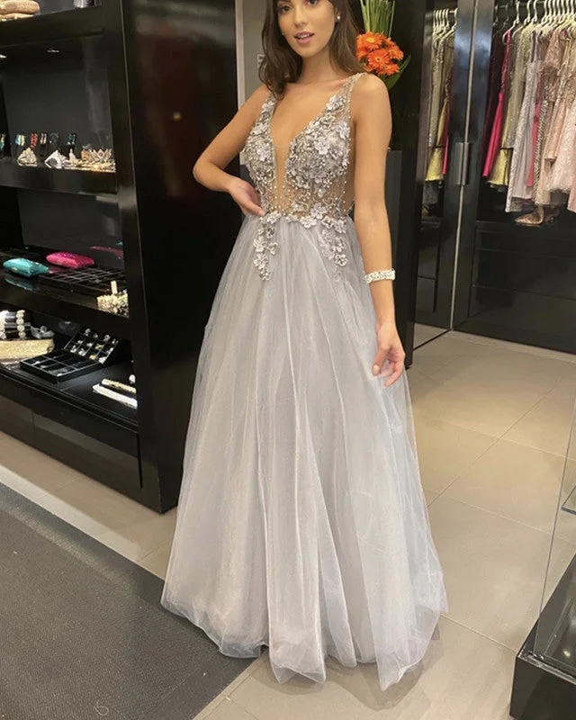 Tulle V Neck Dresses 3D Flowers Beaded Tunics Fashionable trendy