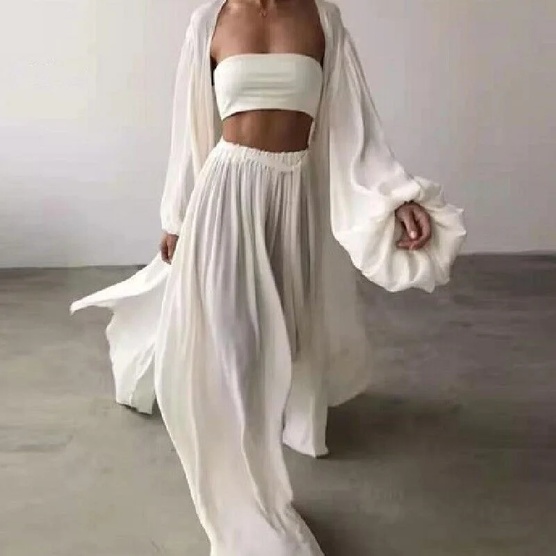 Beautiful White 2 Piece Kimono & Pant Set Fashionable Jogger Pants