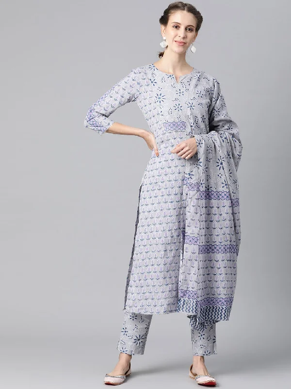 Women's Cotton Printed Kurta Pant Dupatta Set - Ahika Comfy High-Waist Jeans