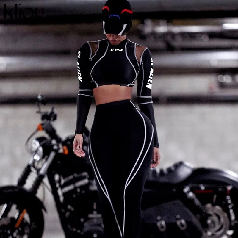 Kliou women fitness sporting two pieces set letter print turtleneck top leggings striped patchwork 2019 fashion 2 pcs tracksuits Fashionable Sports Leggings