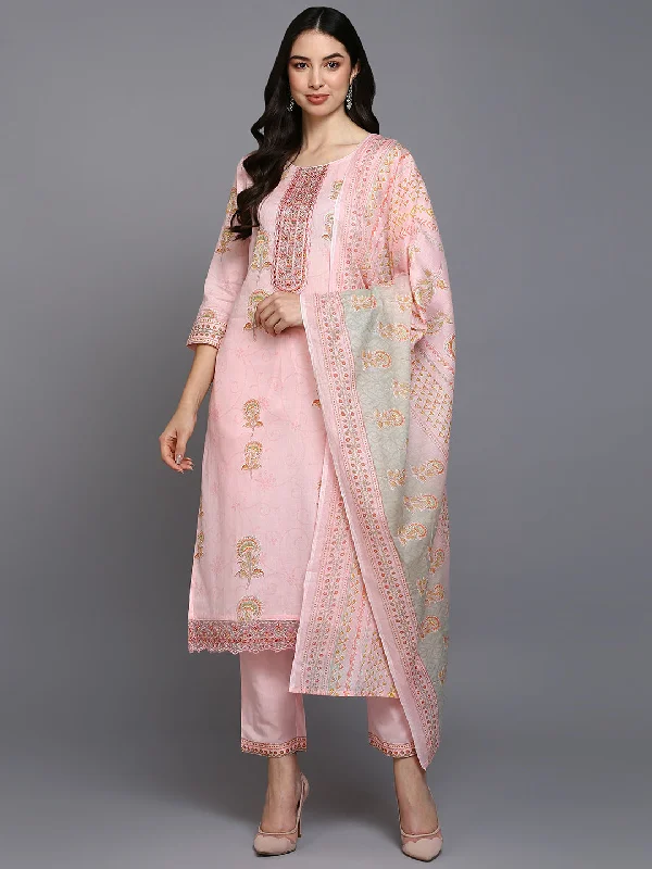 Women's Cotton Blend Pink Printed Straight Kurta Pant With Dupatta - Ahika Cozy Knit Pants