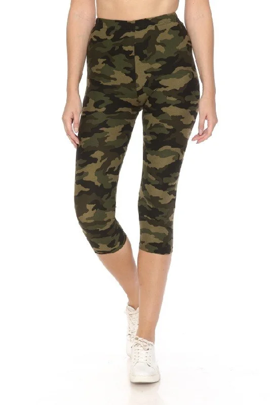 Multi-color Print, Cropped Capri Leggings In A Fitted Style With A Banded High Waist Elegant Casual Fit Leggings