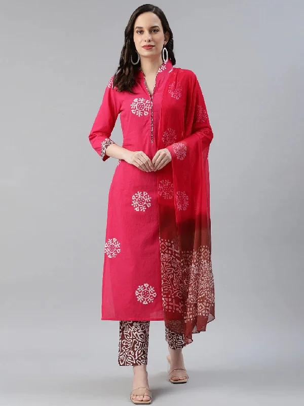 Women's Cotton Printed Kurta Pant Dupatta Set - Ahika Classic Stretch Pants