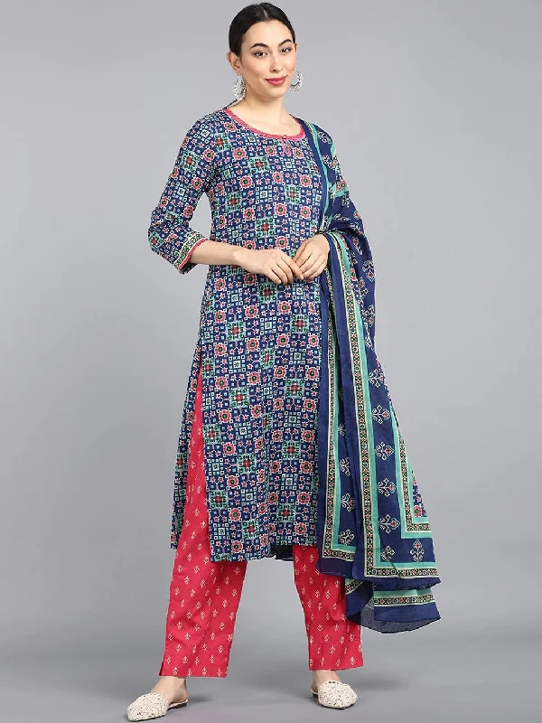 Women's Navy Blue Pink Floral Printed Pure Cotton Kurta With Pants Dupatta - Ahika Slim-Fit Leggings