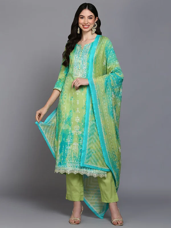 Women's Cotton Green Printed Straight Kurta Pant With Dupatta - Ahika Comfortable Denim Pants
