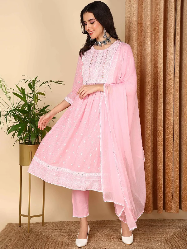 Women's Pink Pure Cotton Ethnic Motifs Printed Yoke Design Kurta Pant With Dupatta  - Ahika Soft Stretch Trousers
