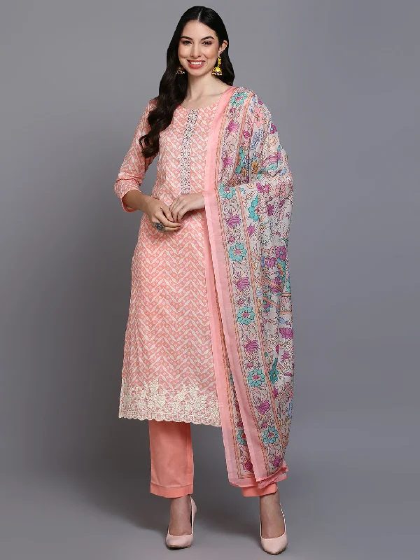 Women's Cotton Peach Printed Straight Kurta Pant With Dupatta - Ahika Fashionable Jogger Pants