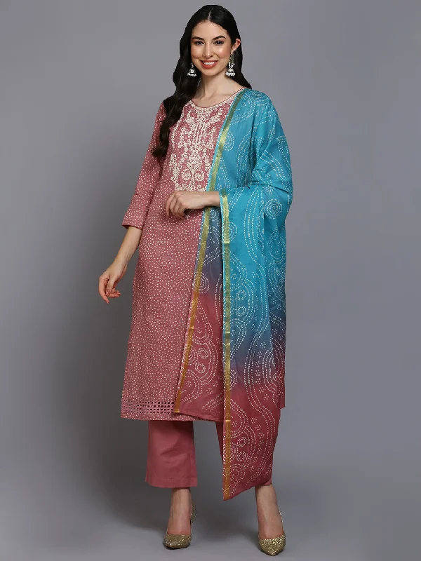 Women's Cotton Pink Bandhani Printed Straight Kurta Pant With Dupatta - Ahika Warm Wool Trousers