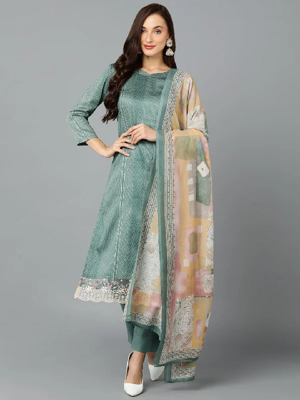 Women's Silk Blend Sea Green Printed Straight Kurta Pant With Dupatta  - Ahika Relaxed Linen Pants