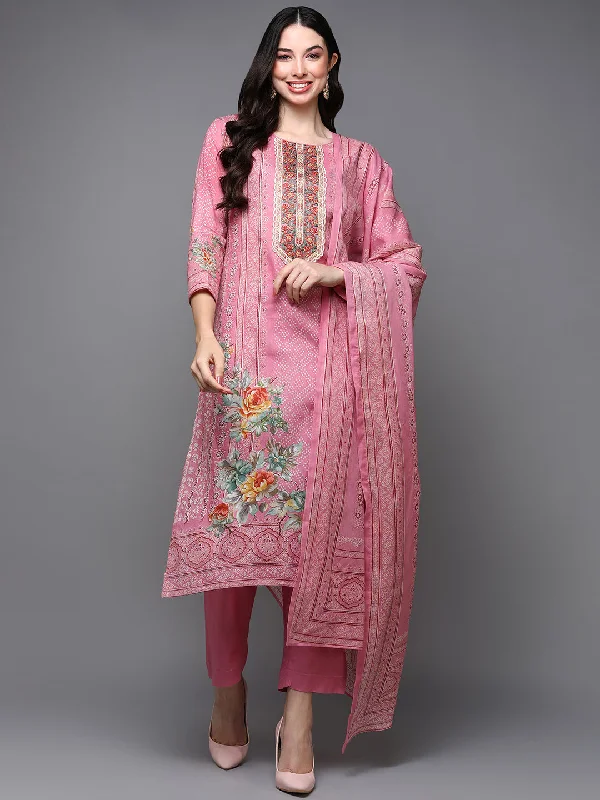 Women's Cotton Rose Gold Embroidered Straight Kurta Pant With Dupatta - Ahika High-Waist Yoga Pants