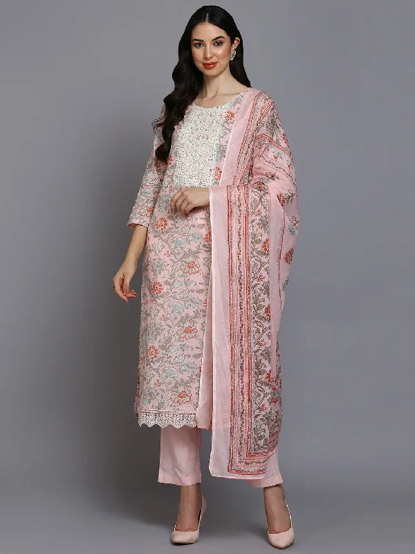 Women's Cotton Blend Pink Printed Straight Kurta Pant With Dupatta - Ahika Modern Bootcut Pants