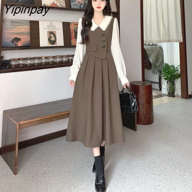 Yipinpay Retro Stitching Fake Two Piece Dress Female Autumn Doll Collar 911 Crew Neckline Casual