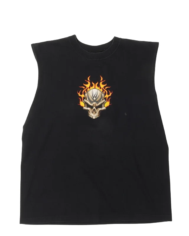 Year of The Dragon Flaming Skull Sleeveless T-Shirt-- Solid Print Embellished