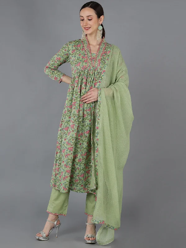 Women's Cotton Floral Printed Kurta Pants With Dupatta - Ahika Chic Black Leggings