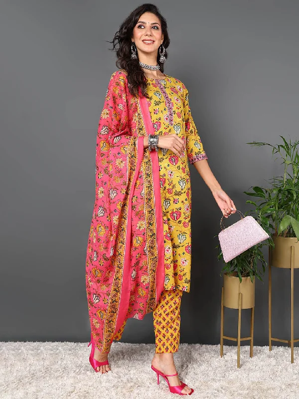 Women's Yellow Cotton Blend Floral Printed Kurta Pant With Dupatta  - Ahika Comfortable Denim Trousers