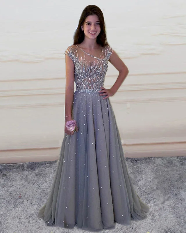 Sheer Beaded Top Prom Dresses Tulle Floor Length Shift Classic Vintage