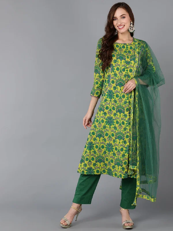Women's Cotton Blend Floral Printed Kurta Pants With Dupatta - Ahika Soft Wool Pants